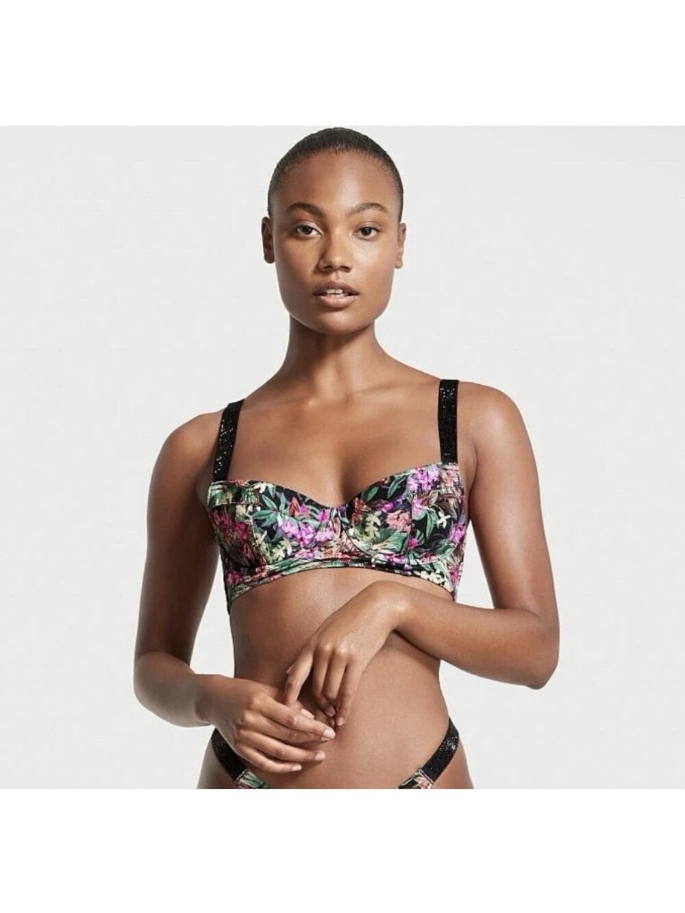 Victoria's Secret Shine Strap BIKINI TOP Palm Black Hot Pink Green 36C